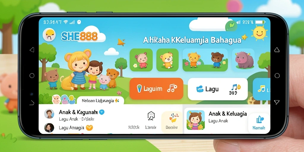 Tampilan antarmuka SHE888 yang ceria dan interaktif untuk lagu anak.